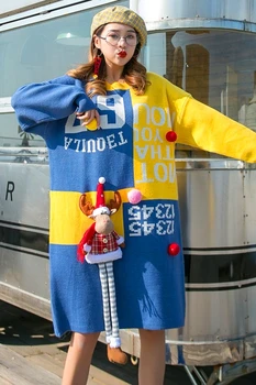 Kvinnor är Jul tröja lång färg-blockerande över-the-knee tröja kvinnors tung industri säkring brev tjock tröja