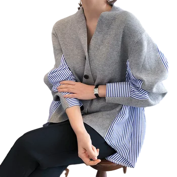 LANMREM koreanska ny elegant randig skjorta loose sy framför kort rygg lång v-ringad stickad cardigan tröja stora kvinnor