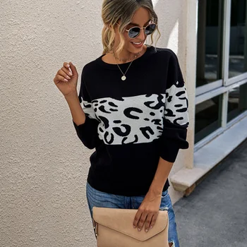 Leopard Lapptäcke Mode-Kvinna Tröjor 2020 Höst Kläder För Kvinnor Tröja O-Neck Vestido De Mulher Streetwear Tröja Kvinnor