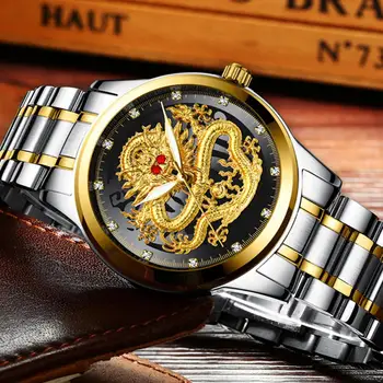 Lyxiga Affärer Man Titta Stål Vattentät Quartz Armbandsur Manliga Clock Mode Präglade Guld Diamant Ruby Dragon Ansikte Klockor
