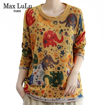 Max LuLu Kinesiska Lyx Varumärke 2020 Kvinnor Nya Casual Streetwear Damer Vintage Löst Stickade Tröjor Tryckta Överdimensionerade Pullovrar