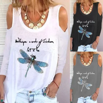 Mode Skriva ut Tee kvinnor dragonfly Lång ärm T-shirt 2020 Nya Höst Oversize T-shirt Fashionabla Gata Kvinnor vit svart Topp