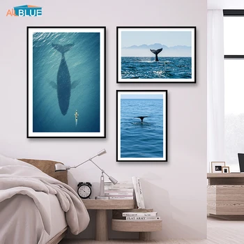 Nordiska Dekorativa Hem Affischer Och Utskrifter Seascape Whale Big Fish Wall Art Canvas Att Måla Väggen Bilder För Vardagsrum Inredning