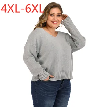 Nya 2021 våren hösten plus size tröja för kvinnor stor lång ärm lös grå backless stickad tröja toppar 4XL 5XL 6XL