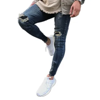 Nya Män Mode Tvättas Spinkig Sliten Hi-Street Denim Jeans för Män Slet Hål Dragkedja Slim Fit Biker Jeans Plus-Storlek