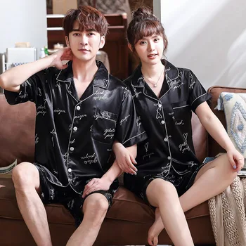 Nya Silk Par Pyjamas, för Män Våren Sommaren Simulering Silke Damer Kort Ärm Färg koreanska Versionen Home Service Pigiami Donna