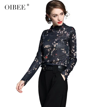 OIBEE2019 Nya Mode Cut In Plain Kvinnor Tee Elegant Svart långärmad T-shirt O-Neck Floral Print All-match Toppar Tee