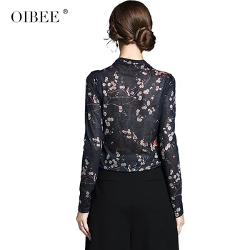 OIBEE2019 Nya Mode Cut In Plain Kvinnor Tee Elegant Svart långärmad T-shirt O-Neck Floral Print All-match Toppar Tee
