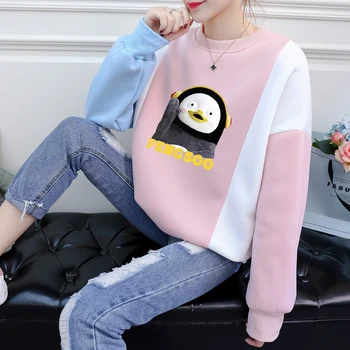 PENGSOO Hoodies Tröja Kvinnor koreanska Kawaii Tecknat Pingvin Maskot Tryckta Tröja Casual Streetwear Harajuku Spell Färg Toppar