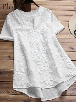 Plegie Blommig Brodyr Shirt Kvinnor 2019 Våren Sommaren Top M-4XL Plus Size V-Hals Kort Ärm Kvinnor Toppar Vita Långa Skjortor