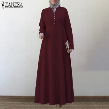 Plus Size Kvinnor Hösten Muslimska Klänningar Sundress ZANZEA Vintage Veckade Maxi Klänning med Lång Ärm Vestidos Kvinnliga Fast Islam Robe