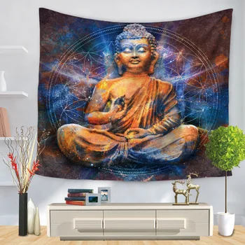 Polyester Indiska Buddha-Statyn Bonad Att Hänga På Väggen Väggen Trasa 7 Chakra Gobelänger Psykedelisk Yoga Matta Heminredning
