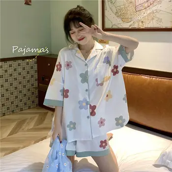 QWEEK Korea Pyjamas Ladies Sommaren Blommönster Hem Kläder för Kvinnor Pijamas Kvinnor Bomull Pyjama Femme 2020 Nytt