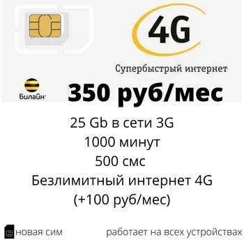 SIM-kortet Beeline (Beeline), Turbo-350. Obegränsad i 4G, 25 GB 3G, 1000 Min, 500 SMS.