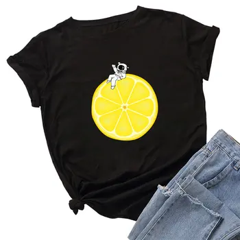 Sommar Mode Kvinnor T-Shirt Bomull Tee Citron och Astronaut Tecknat Tryckt Toppar Casual Harajuku Kvinnliga T-shirt