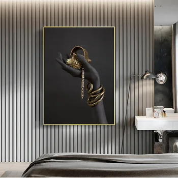 Svart Kvinnas Hand Med Guld Smycken Wall Art Canvas Tavlor På Väggen Affischer Och Utskrifter Pop Art Utskrifter väggdekoration