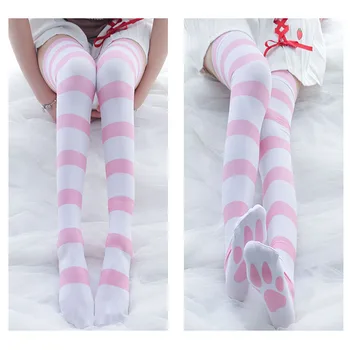 Söt Japansk Anime Stockings 3D-Print Cat Claw Lolita Stockings Cosplay lårhöga Strumpor Skolan Strumpa Över Knät Randig Strumpa