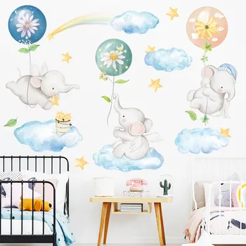 Tecknad Elefant Baby väggdekorationer med luftballong Baby Nursery inreda väggdekaler för Barn Rum Sovrum heminredning