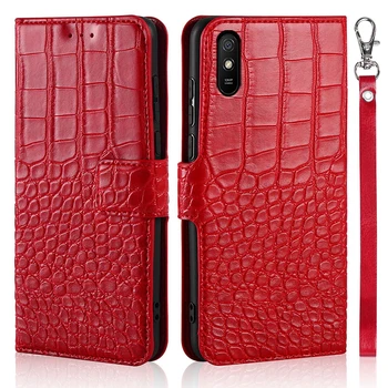 Telefonen Fall för Xiaomi Redmi 9A Case Plånbok Krokodil Läder Konsistens Boka Design Telefon Coque Capa Med Strap-Kort Innehavare