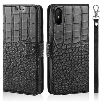 Telefonen Fall för Xiaomi Redmi 9A Case Plånbok Krokodil Läder Konsistens Boka Design Telefon Coque Capa Med Strap-Kort Innehavare