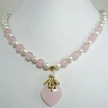 Trendiga blandade vit pearl rosa Naturliga jade halsband +hänge i form av hjärta