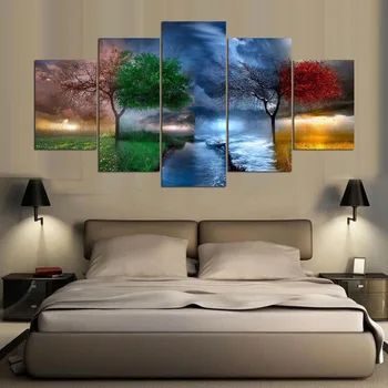 Wall Art Canvas Modulära Bilder Vardagsrum Inredning 5 Stycken 4 Säsong Träd Abstrakta Målningar Liggande Skriver Ut Affischer Ram
