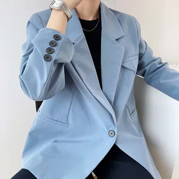 Yeeloca Hösten Avancerad Design med En knapp Jackor för Kvinnor är Skårad Kontor Dam Kostym Kappa koreanska Blå Svart Elegant Lös Blazers