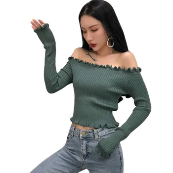Z Korea Ny Version Sticka Upp Av Slash Neck Off-the-axeln Åtsittande Belly Button Mode Vit Vinter Tröja Kvinnor